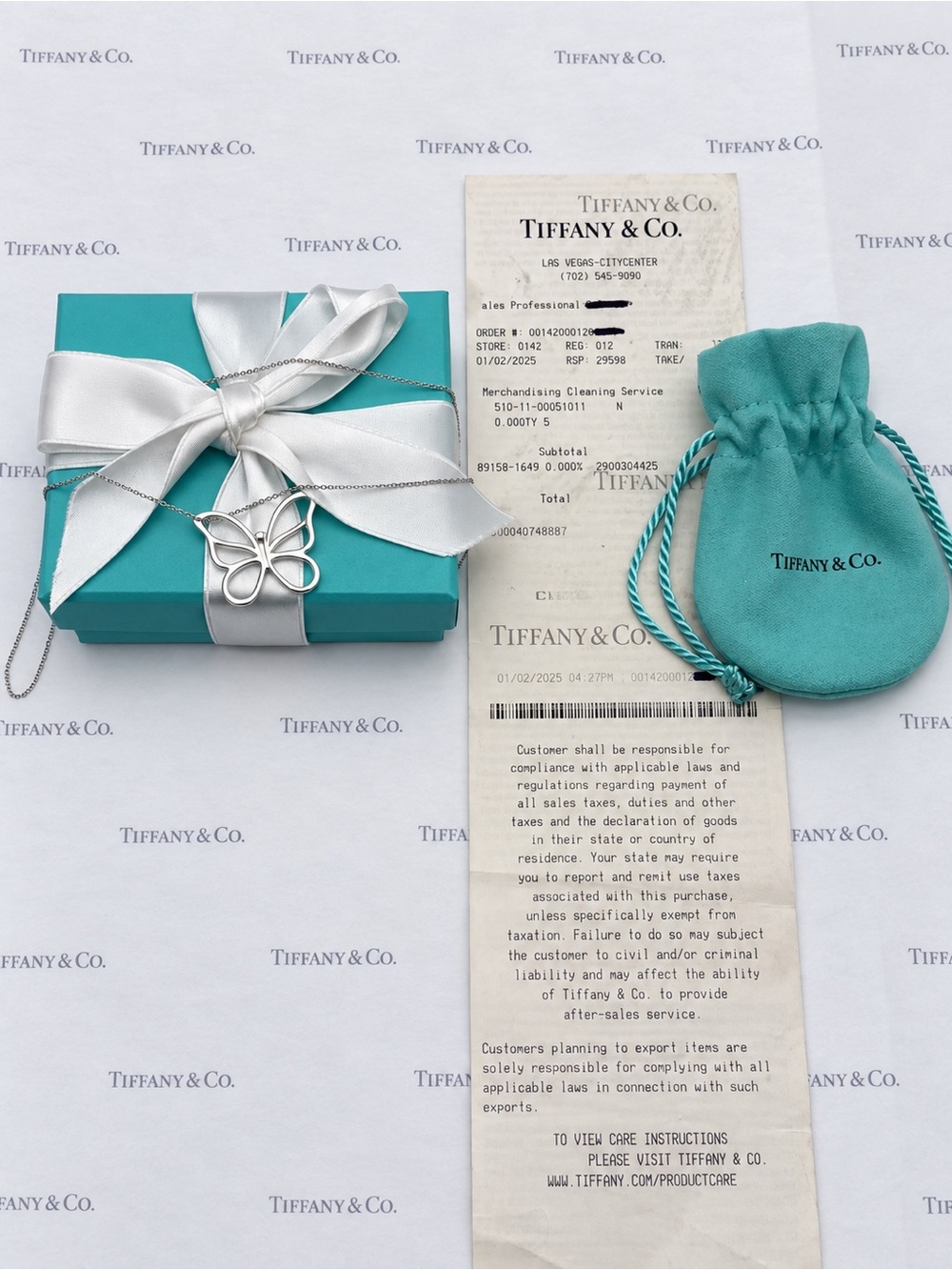 Tiffany & Co. Stencil Butterfly Pendant Necklace Sterling Silver Gift Pouch Box - Picture 11 of 12